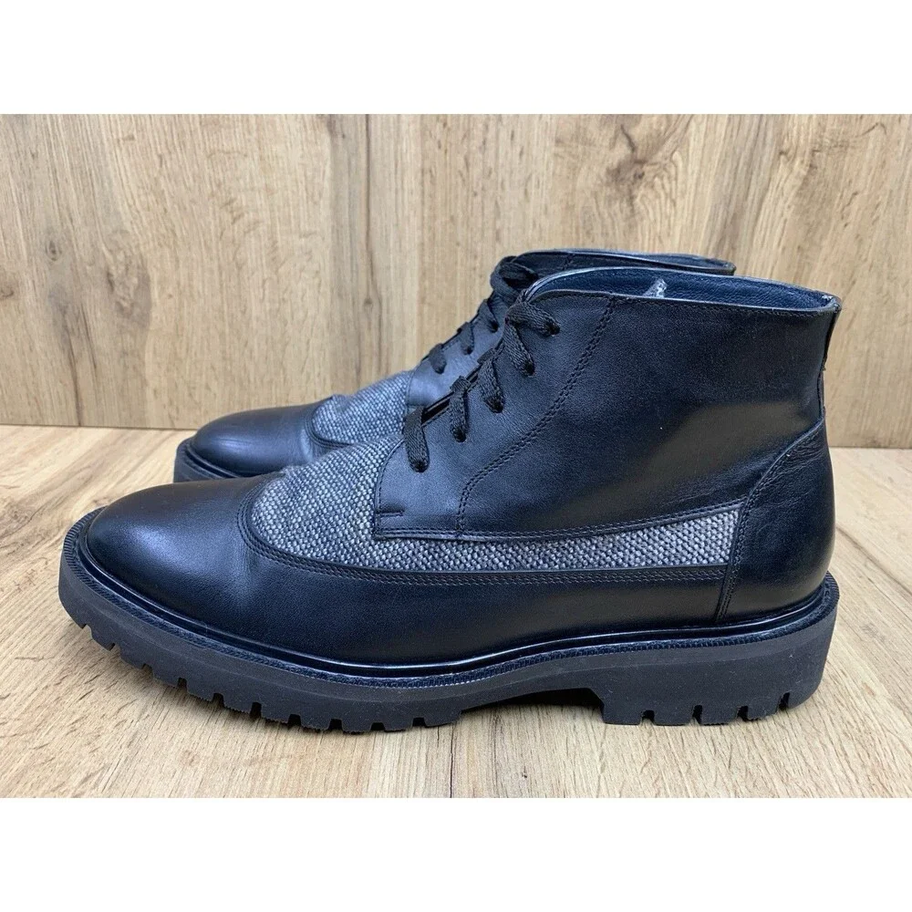 Jacks Andre Men's 10.5 Black Leather Gray Textile Chukka Boots Lug Sole Lace Up